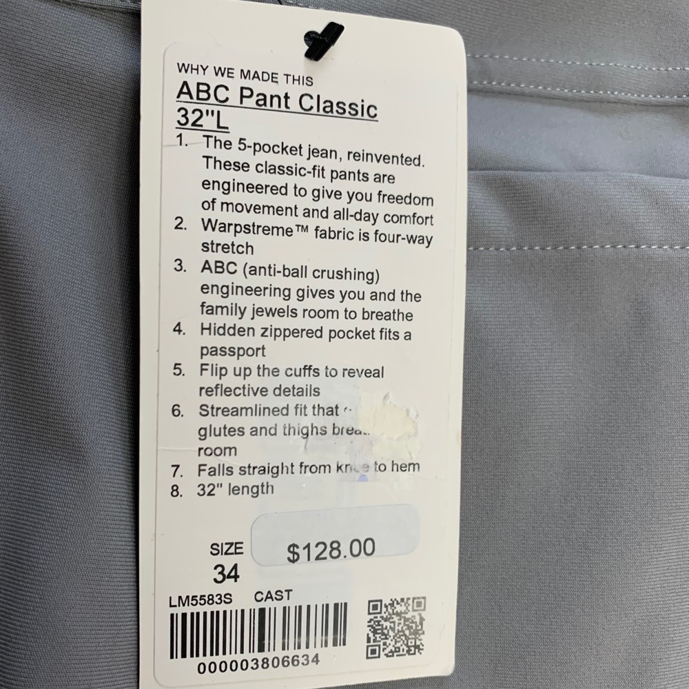 NWT Lululemon ABC pant classic waist 34 length 32